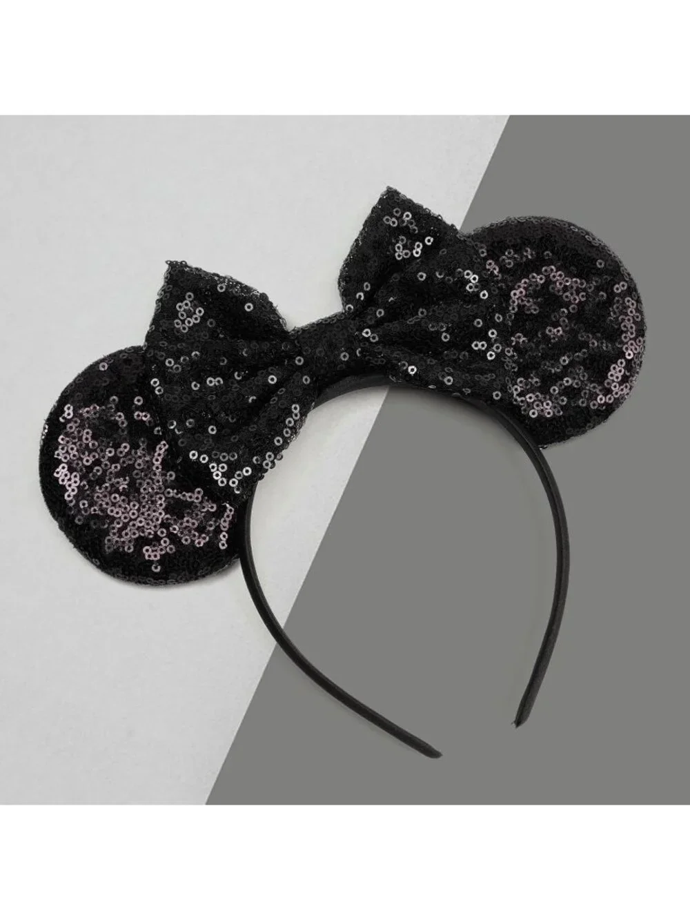 Women Black-a Polyester Sparkle Sequins Mickey Mouse Hair Bow Handmade Headband